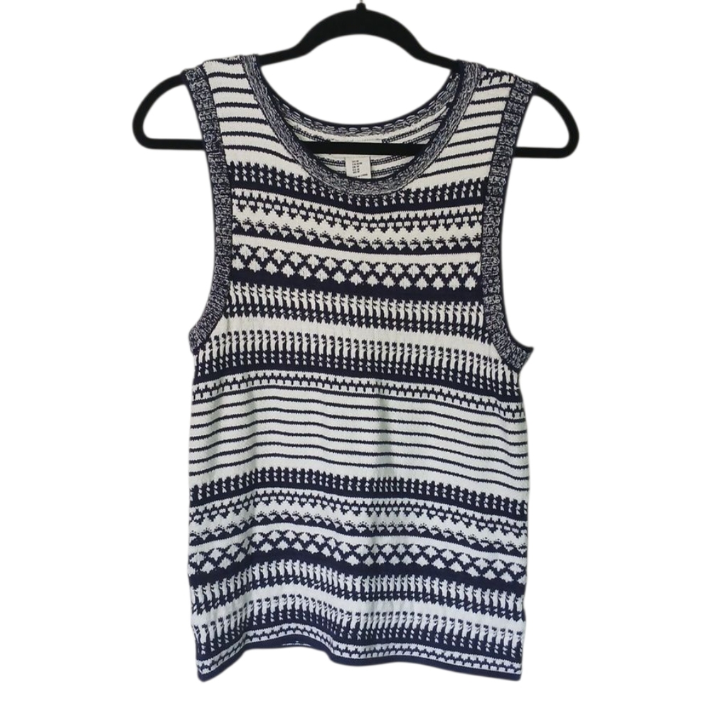 Rachel Zoe NWOT Navy Blue and White Patterned Sleeveless Sweater Top Size Medium